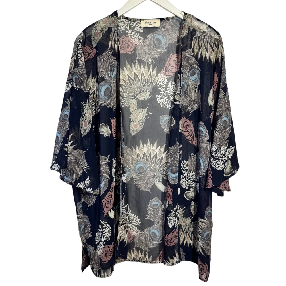 Peach Love California Navy Blue Peacock Feather Print Open Front Kimono Wrap
